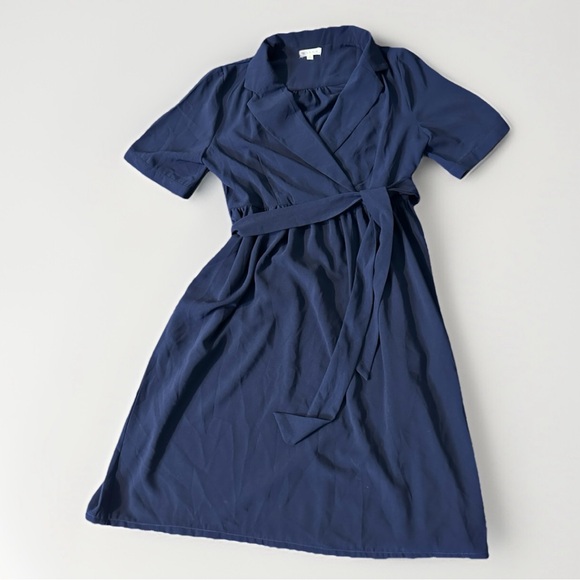 Böhme‎ Navy Wrap Dress Size Large Pockets  Midi Belted Classic Chic Style - Picture 2 of 12
